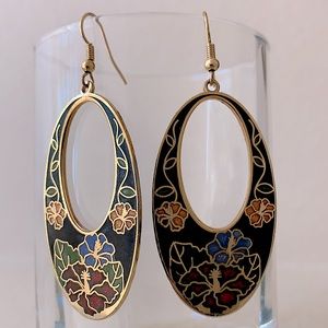 Traditional Hong Kong classic 14k gold plated lacquer floral drop earrings
